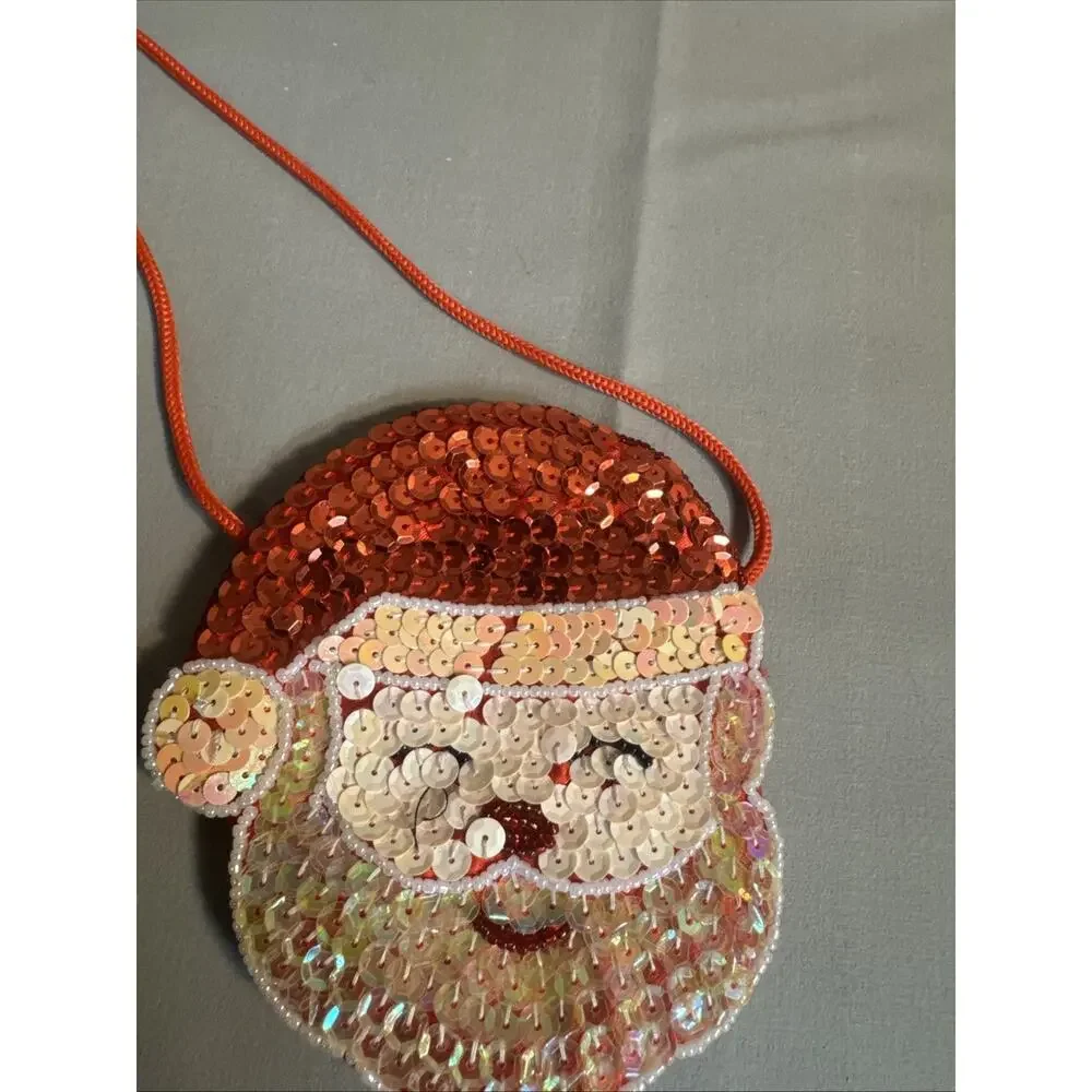 Vintage mini bag Christmas santa Sequin Beaded Stocking Trinket Purse 5” LOT 2